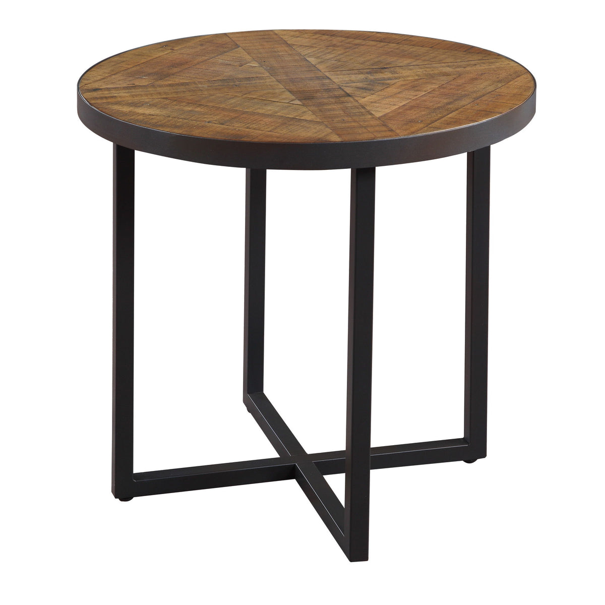 Denton - Round End Table With Round, Pieced Top And Metal Base - Antique Pine And Steel Gray
