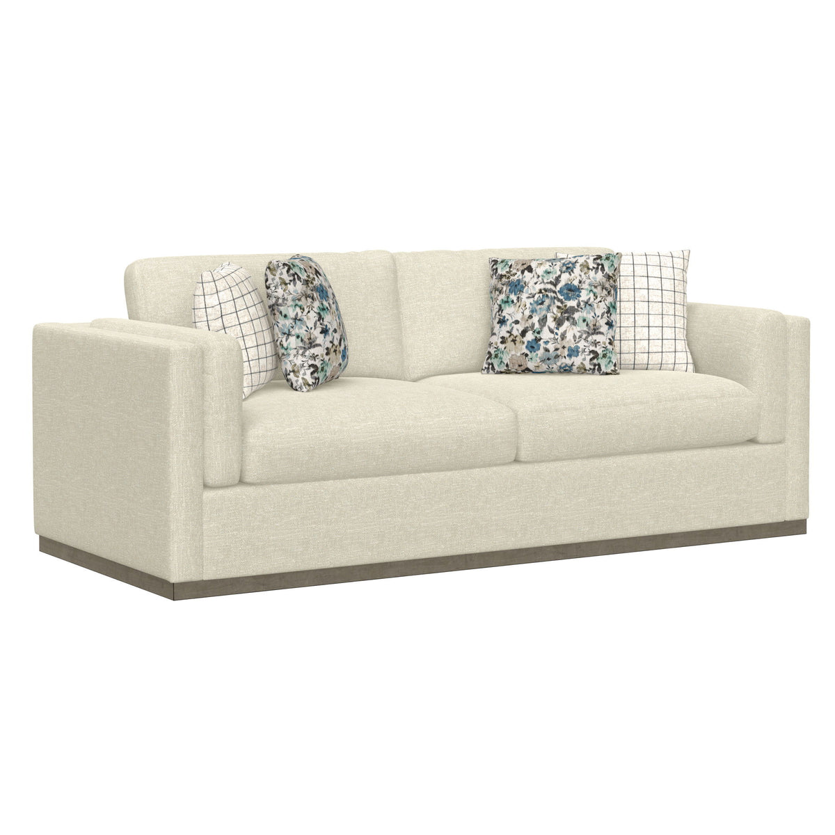 Cecily - Sofa, With 4 Toss Pillows And Gray Solid Wood Plinth Base - Cameo Cream