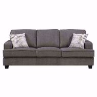 A contemporary gray upholstered sofa with three cushioned seats and two geometric patterned throw pillows. The sofa has a simple, clean design with straight lines and is raised on dark, low-profile legs, isolated against a white background.