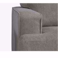 A detailed view of a taupe loveseat's armrest and cushion, highlighting the textured fabric and precise stitching.